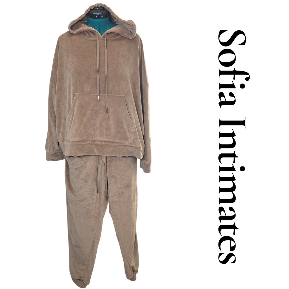 Sofia Intimates Loungewear Set Womens 2X Beige‎ Velour Hoodie Joggers Tracksuit